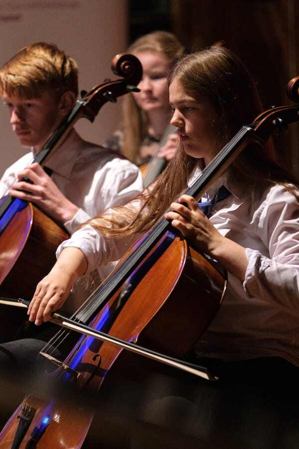 Close up of cello players